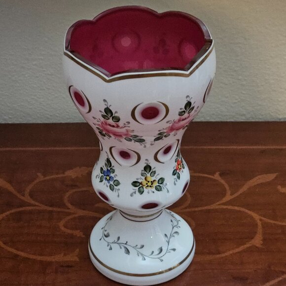 ANTIQUE VINTAGE BOHEMIAN CZECH MOSER FLOWER HAND PAINTED CUT TO CLEAR GLASS VASE